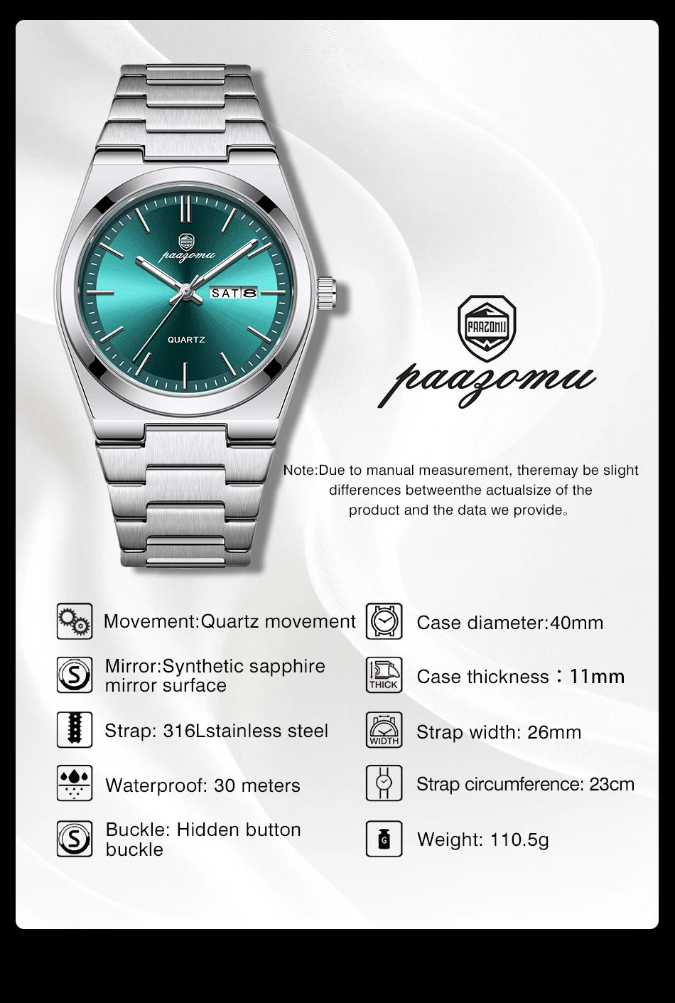 PAAZOMU Luxury Quartz Man Wristwatch Sport Men Watches Waterproof Luminous Date Week Stainless Steel Men's Watch Male Reloj