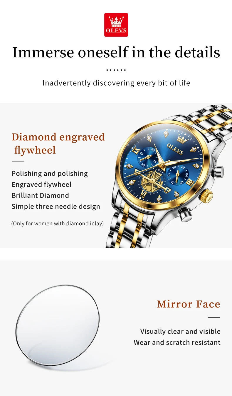 OLEVS Luxury Brand Couple Watches Waterproof Luminous Stainless Steel Quartz Watch His and Hers Moon Phase Fashion Lovers Set