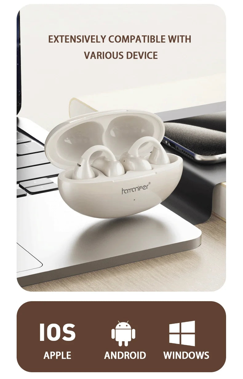 HAMANFER HM11 Bluetooth 5.4 Clip On Wireless Headphones Earphones Ear Hook TWS Sports Gaming Headset Noise Cancelling Stereo Ear