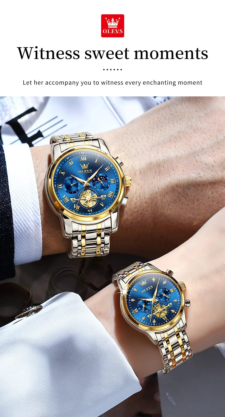 OLEVS Luxury Brand Couple Watches Waterproof Luminous Stainless Steel Quartz Watch His and Hers Moon Phase Fashion Lovers Set