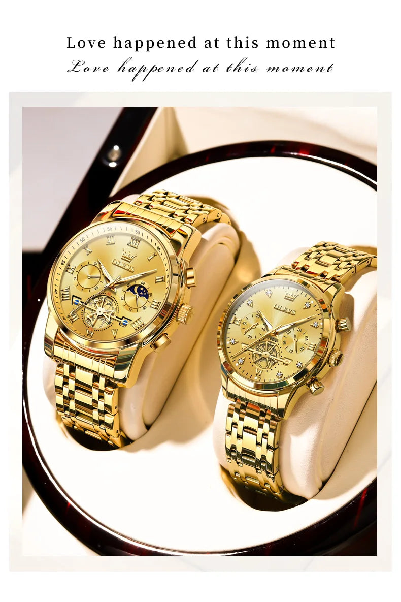 OLEVS Luxury Brand Couple Watches Waterproof Luminous Stainless Steel Quartz Watch His and Hers Moon Phase Fashion Lovers Set
