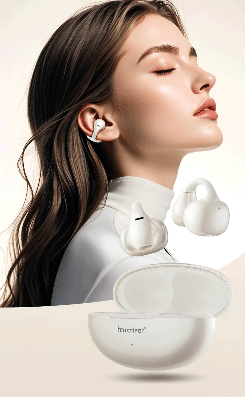 HAMANFER HM11 Bluetooth 5.4 Clip On Wireless Headphones Earphones Ear Hook TWS Sports Gaming Headset Noise Cancelling Stereo Ear