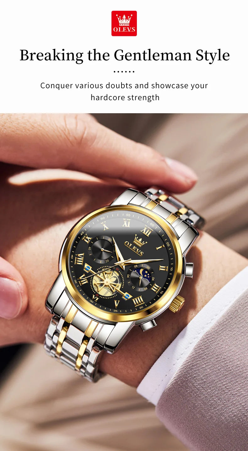 OLEVS Luxury Brand Couple Watches Waterproof Luminous Stainless Steel Quartz Watch His and Hers Moon Phase Fashion Lovers Set
