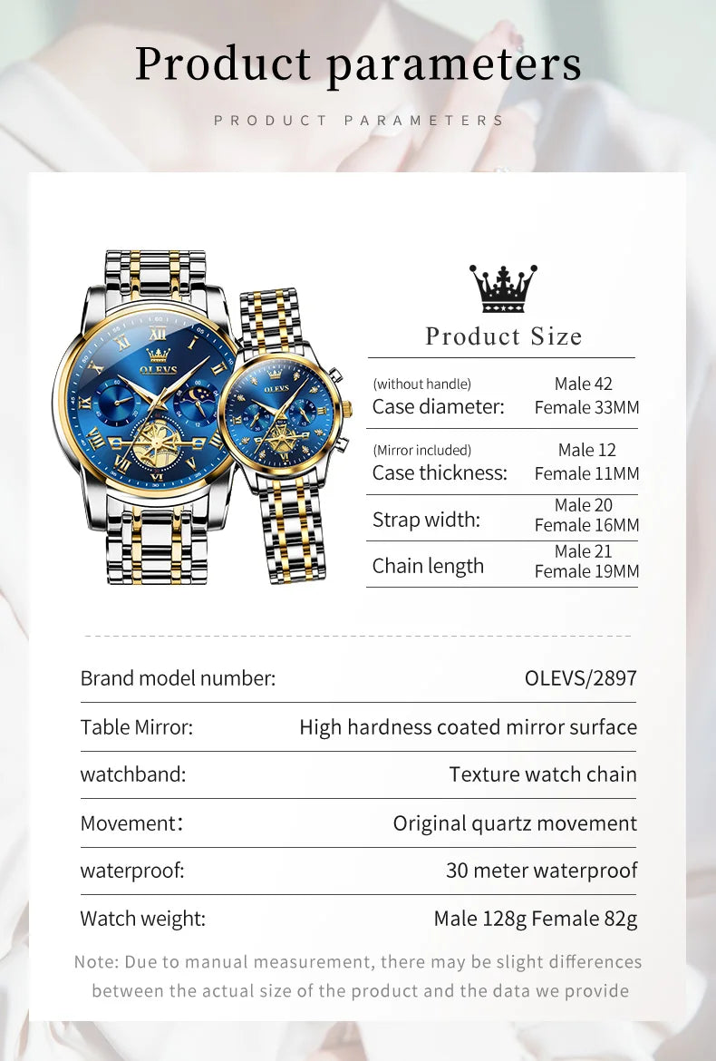 OLEVS Luxury Brand Couple Watches Waterproof Luminous Stainless Steel Quartz Watch His and Hers Moon Phase Fashion Lovers Set