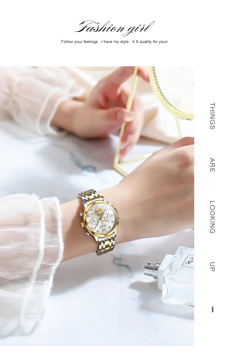 OLEVS Luxury Brand Couple Watches Waterproof Luminous Stainless Steel Quartz Watch His and Hers Moon Phase Fashion Lovers Set