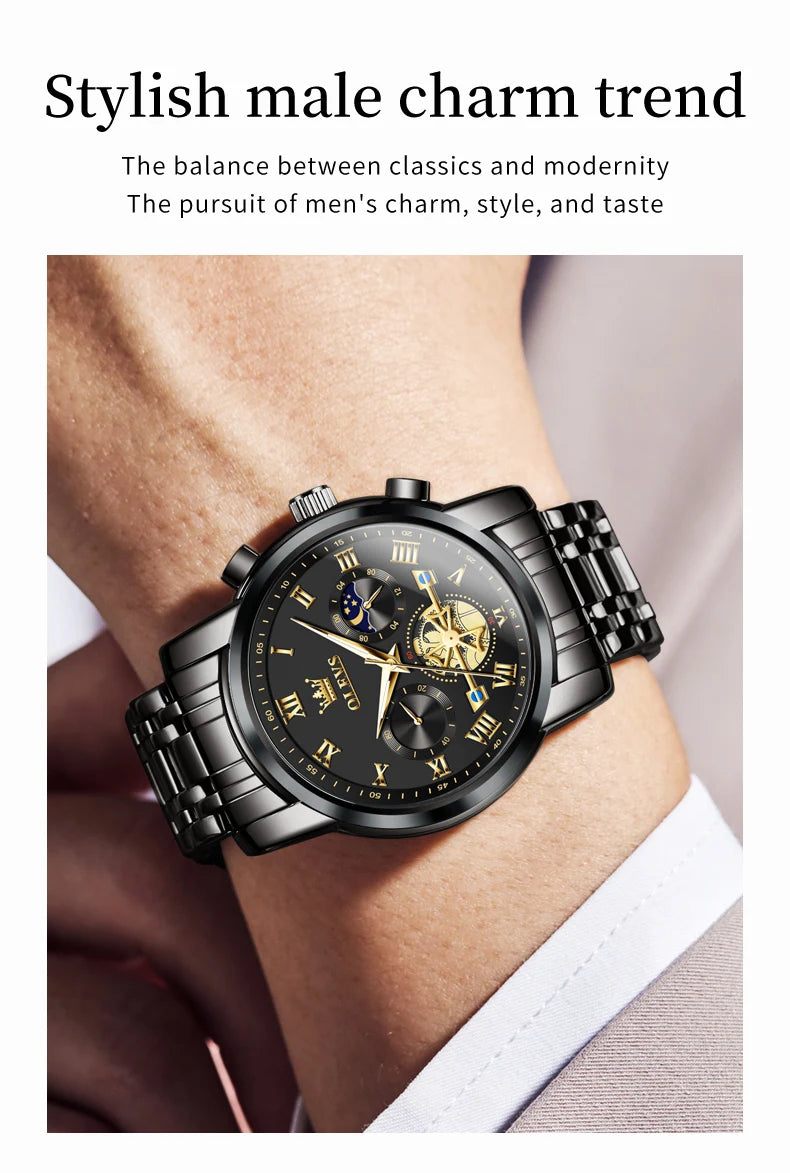 OLEVS Luxury Brand Couple Watches Waterproof Luminous Stainless Steel Quartz Watch His and Hers Moon Phase Fashion Lovers Set