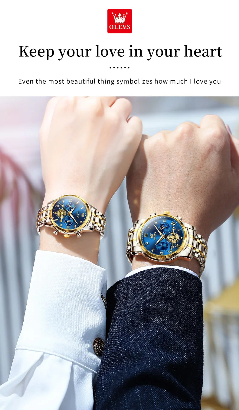 OLEVS Luxury Brand Couple Watches Waterproof Luminous Stainless Steel Quartz Watch His and Hers Moon Phase Fashion Lovers Set