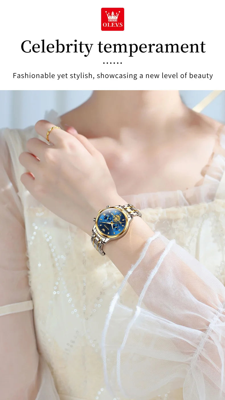 OLEVS Luxury Brand Couple Watches Waterproof Luminous Stainless Steel Quartz Watch His and Hers Moon Phase Fashion Lovers Set