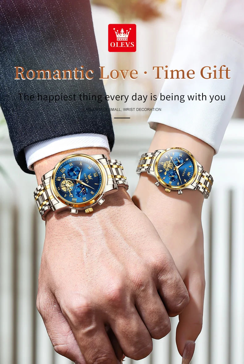 OLEVS Luxury Brand Couple Watches Waterproof Luminous Stainless Steel Quartz Watch His and Hers Moon Phase Fashion Lovers Set