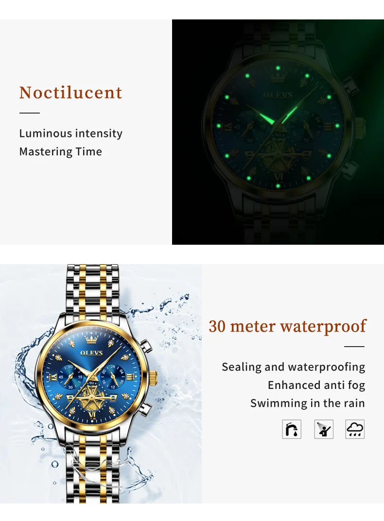 OLEVS Luxury Brand Couple Watches Waterproof Luminous Stainless Steel Quartz Watch His and Hers Moon Phase Fashion Lovers Set