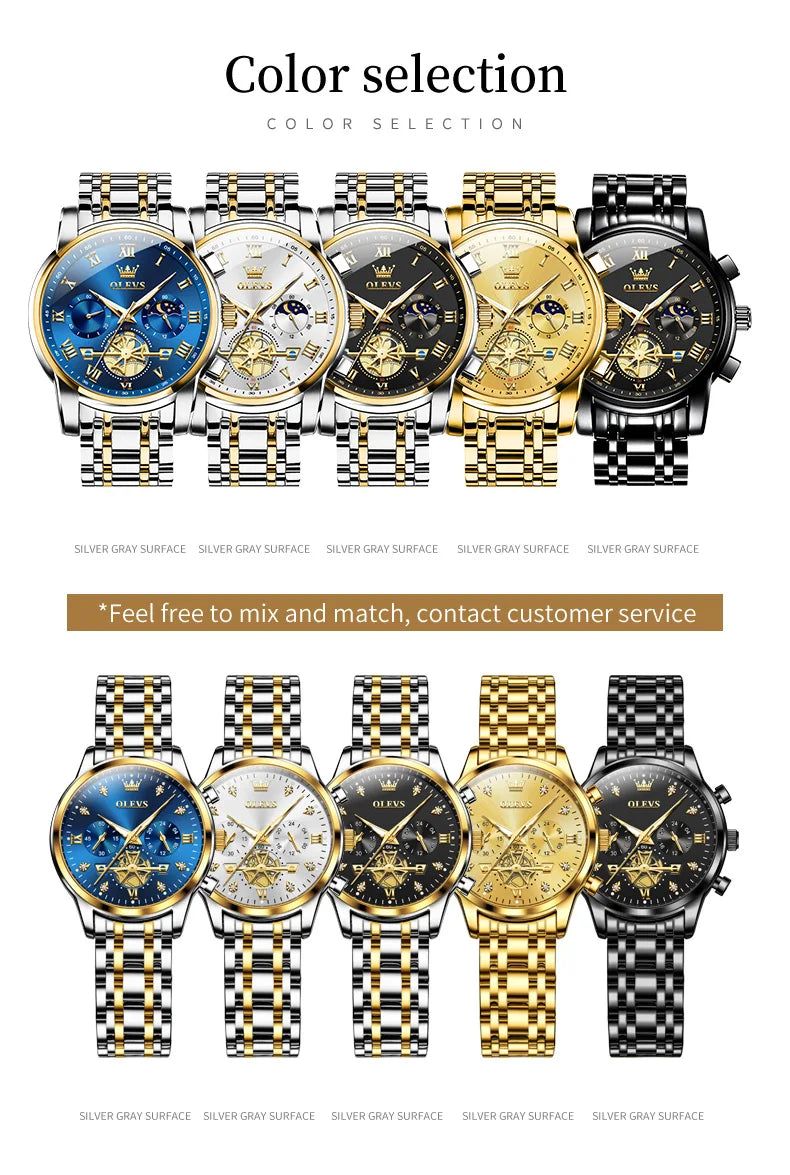 OLEVS Luxury Brand Couple Watches Waterproof Luminous Stainless Steel Quartz Watch His and Hers Moon Phase Fashion Lovers Set