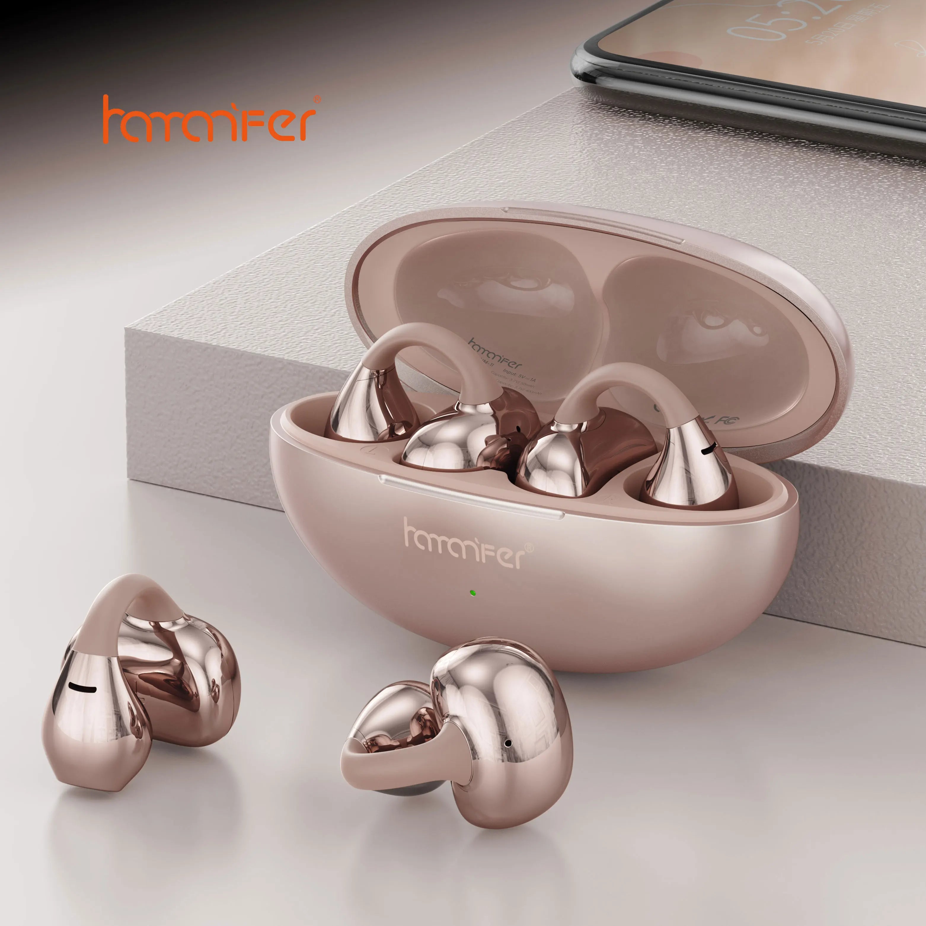 HAMANFER HM11 Bluetooth 5.4 Clip On Wireless Headphones Earphones Ear Hook TWS Sports Gaming Headset Noise Cancelling Stereo Ear