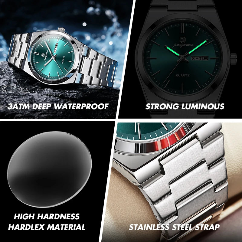 PAAZOMU Luxury Quartz Man Wristwatch Sport Men Watches Waterproof Luminous Date Week Stainless Steel Men's Watch Male Reloj