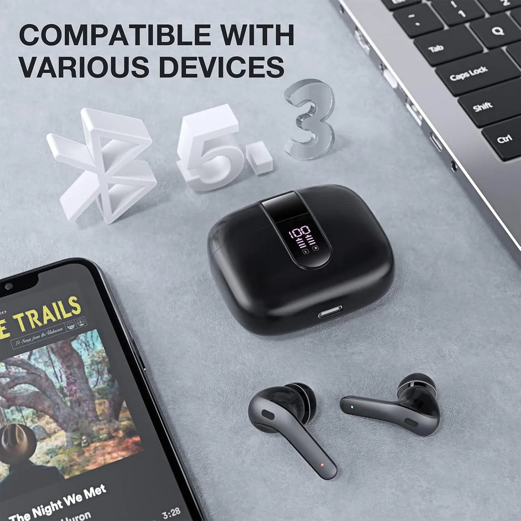 Bluetooth Earbuds V5.3, 45H Playtime, LED Display, Bluetooth Headphones with Mic, Touch Control, IPX5 Waterproof