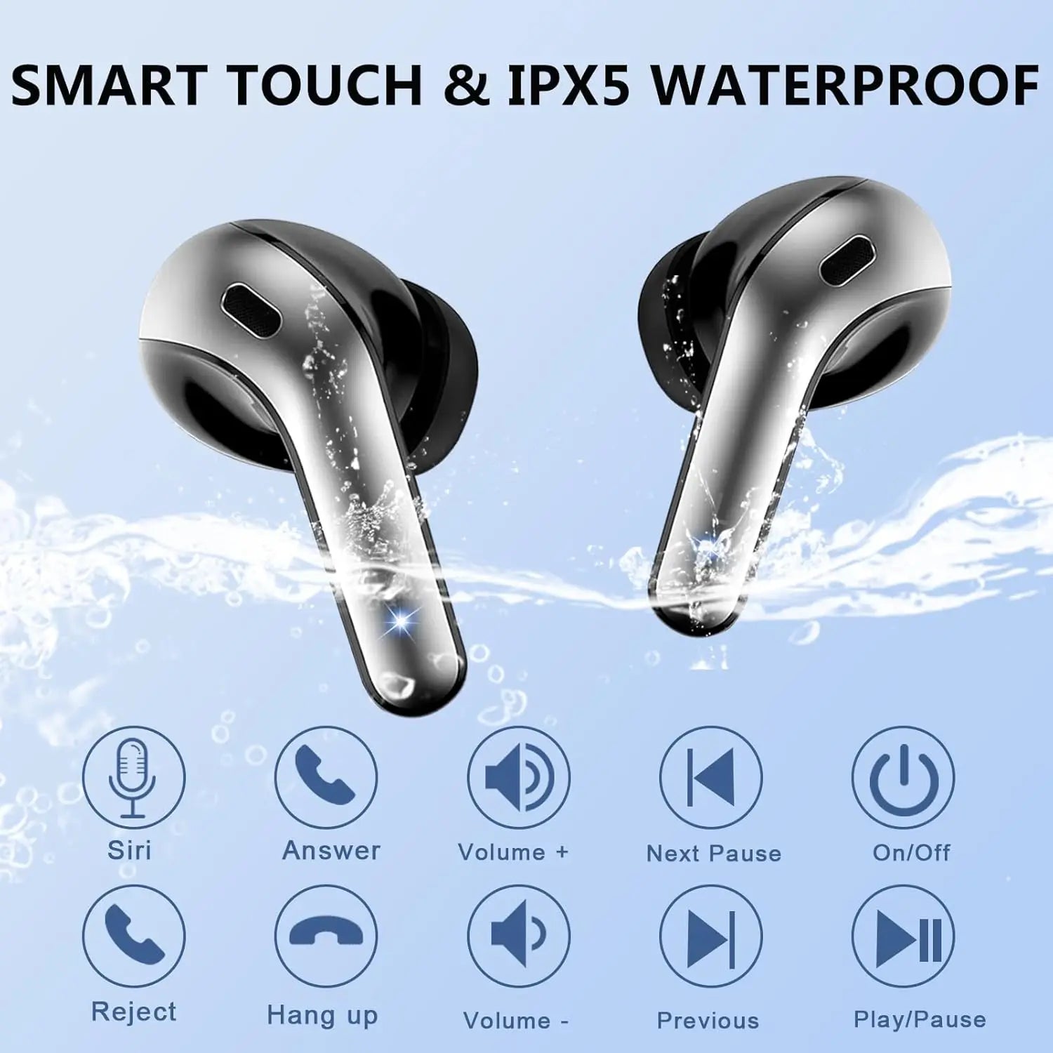 Bluetooth Earbuds V5.3, 45H Playtime, LED Display, Bluetooth Headphones with Mic, Touch Control, IPX5 Waterproof